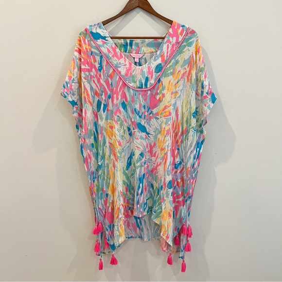 Lilly Pulitzer Other - Lilly Pulitzer Swim Coverup Small Medium Pink Blue Abstract El Bravo Way Tassels